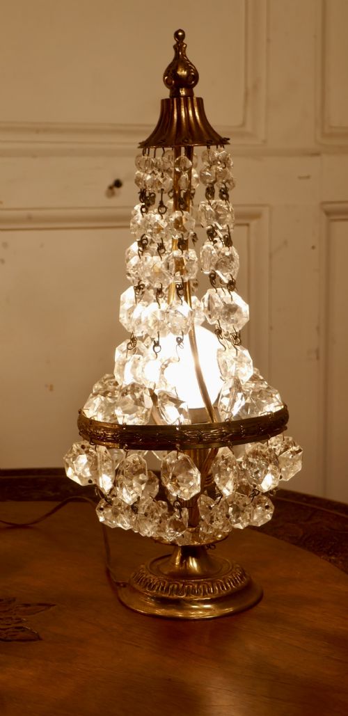 fig 1. Pair of French Brass and Crystal Chandelier Table Lamps, Tent Girandole