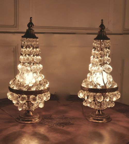 fig 3. Pair of French Brass and Crystal Chandelier Table Lamps, Tent Girandole