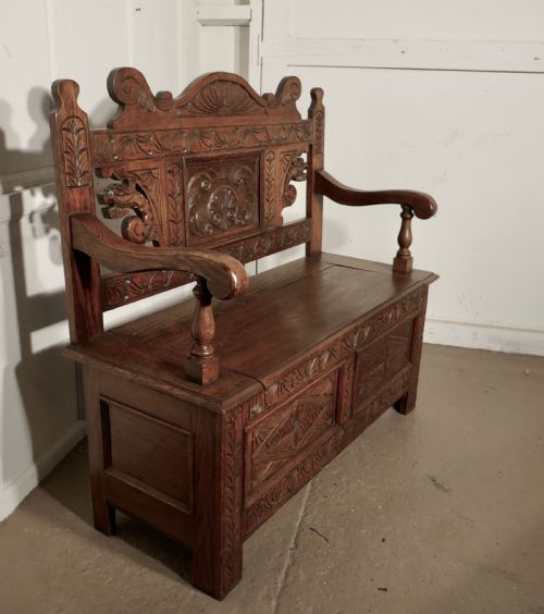 fig 1. 19th Century Welsh High Back Carved Oak Box Settle