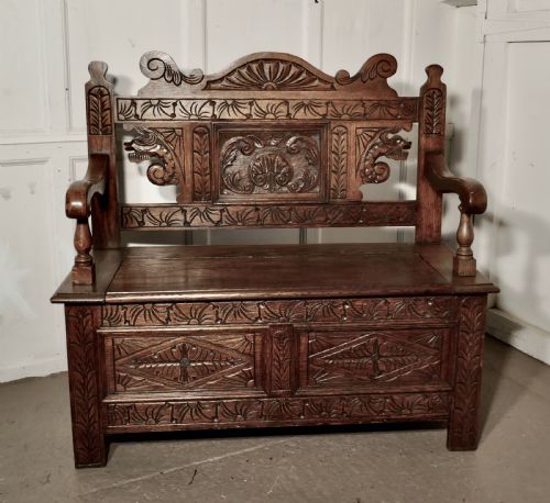 fig 2. 19th Century Welsh High Back Carved Oak Box Settle
