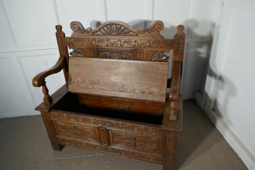 fig 4. 19th Century Welsh High Back Carved Oak Box Settle