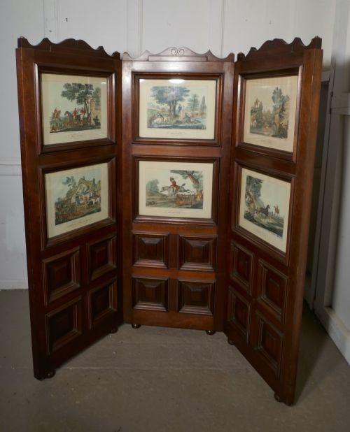 Very Unusual 3 Fold Mahogany Room Divider with Hunting Prints