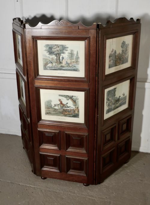 fig 1. Very Unusual 3 Fold Mahogany Room Divider with Hunting Prints