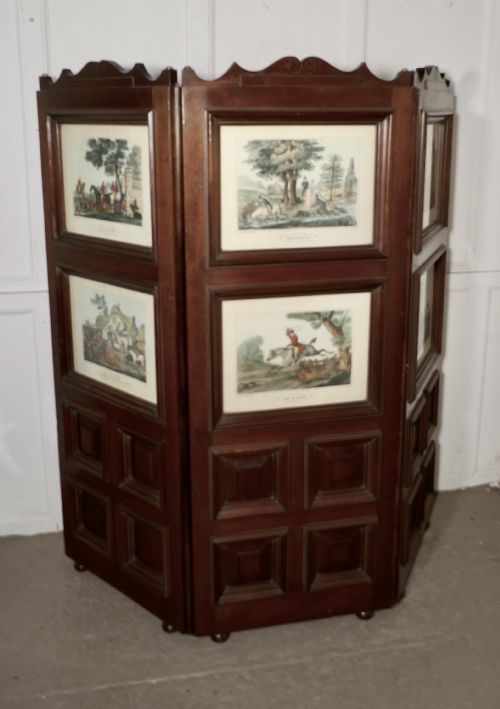 fig 2. Very Unusual 3 Fold Mahogany Room Divider with Hunting Prints
