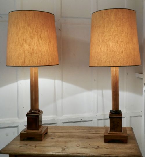 Pair of  Tall Art Deco Maple and Walnut Column Table Lamps