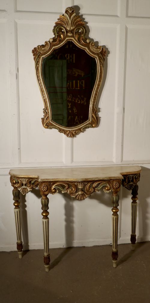 Carved and Painted Italian Console or Hall Table with Matching Mirror