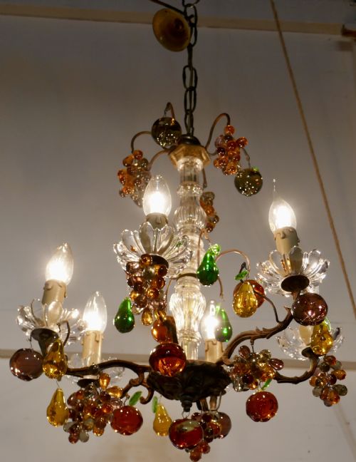 6 Branch Chandelier Hung with Coloured Crystal Fruits, Grapes, Apples and Pears