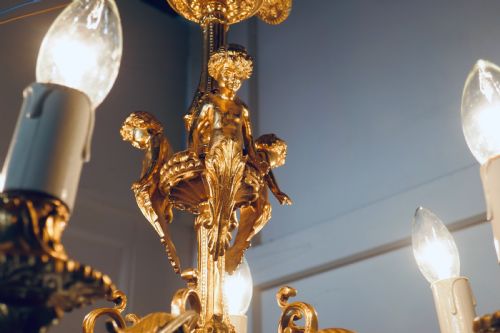 fig 1. A French Gilded Brass 6 Branch Rococo Cherub Chandelier