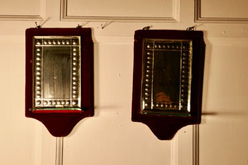 Charming Pair of French Red Velvet Boudoir Shelved Wall Mirrors