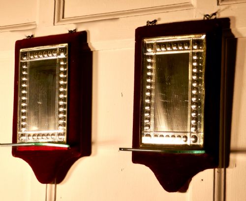 fig 1. Charming Pair of French Red Velvet Boudoir Shelved Wall Mirrors