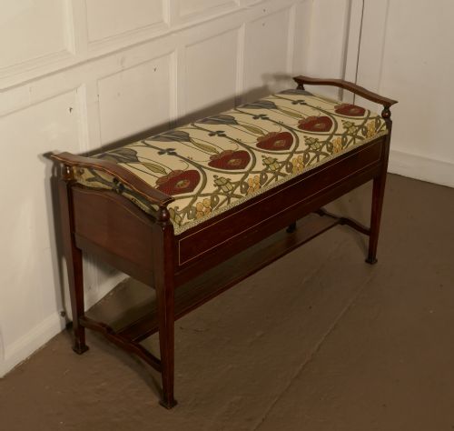 Edwardian Arts and Crafts Inlaid Mahogany Duet Piano Stool