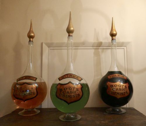 fig 1. A Trio of Very Large Antique Apothecary or Old Chemist Jars Shop Display