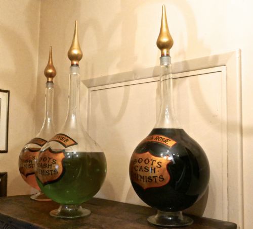 fig 4. A Trio of Very Large Antique Apothecary or Old Chemist Jars Shop Display