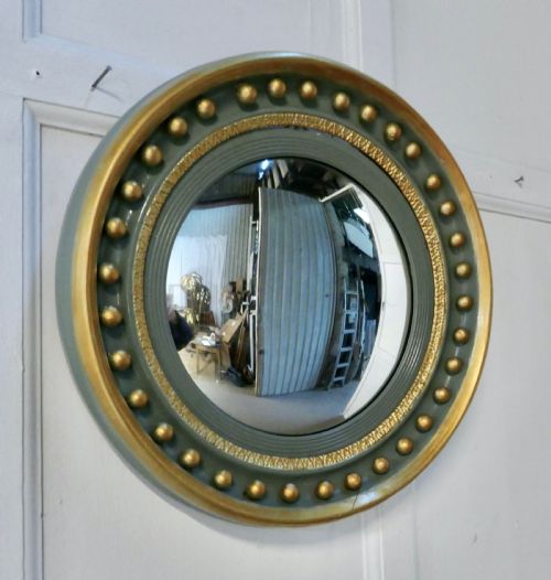 French Convex  Green and Gold Wall Mirror