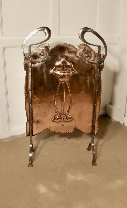 Victorian Art Nouveau Copper and Polished Steel Fire Screen