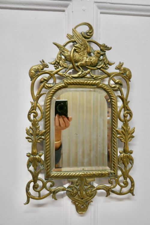 French Brass Wall Mirror Decorated with Birds and Rabbits