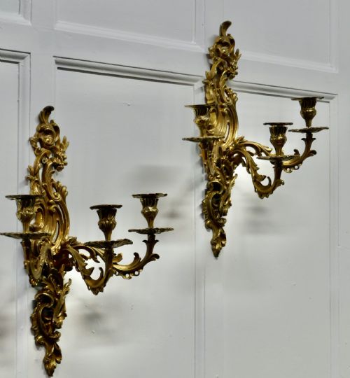 fig 2. A Pair of Large 19th Century Baroque French Brass Triple Wall Sconces