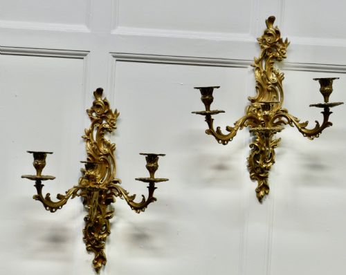 fig 4. A Pair of Large 19th Century Baroque French Brass Triple Wall Sconces