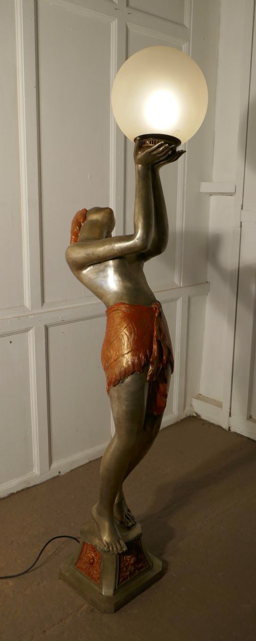 Large Art Deco Female Sculpture Floor Lamp, After Auguste Moreau Signed