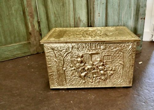 Embossed Brass Log or Coal Box  with Tavern Scenes