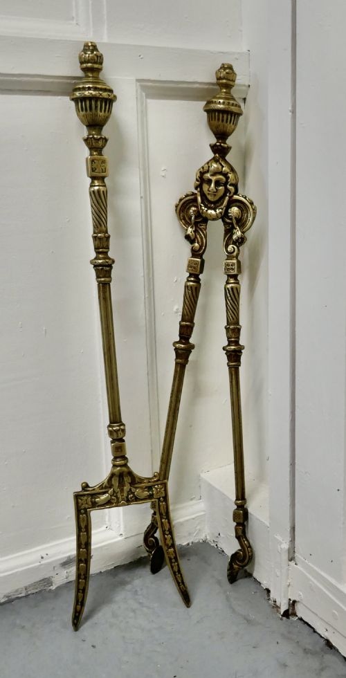 19th Century  Gothic Oversized Toasting Fireside Tongs and Fork , Fire Tools