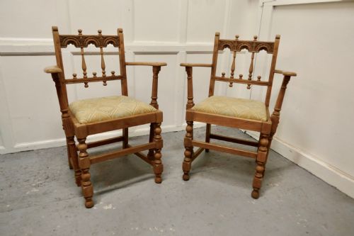 Pair of Arts and Crafts Gothic Bleached Oak Hall Chairs