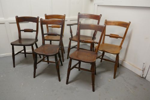 A Harlequin Set of 6 Victorian Beech and Elm Rope Back Kitchen Chairs