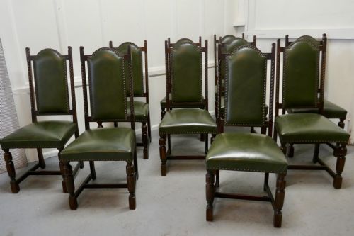 Set of 10 Arts and Crafts Oak and Leather Dining Chairs