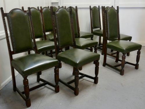 fig 1. Set of 10 Arts and Crafts Oak and Leather Dining Chairs
