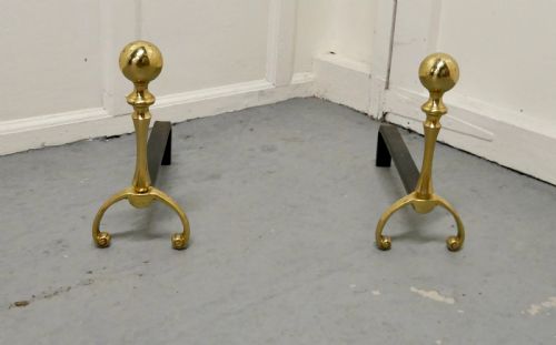 Pair of Chunky French Brass & Iron Andirons  
