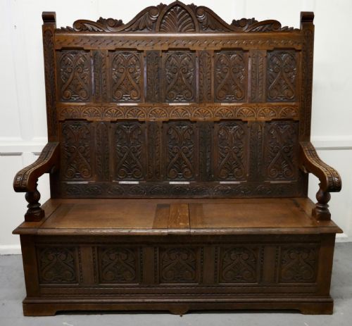 Early 19th Century Welsh High Back Carved Oak Box Settle