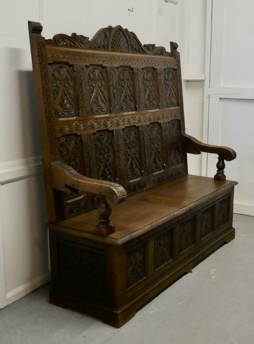 fig 1. Early 19th Century Welsh High Back Carved Oak Box Settle