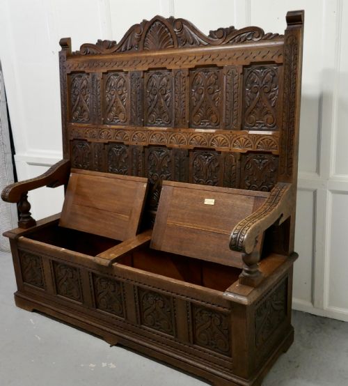 fig 2. Early 19th Century Welsh High Back Carved Oak Box Settle