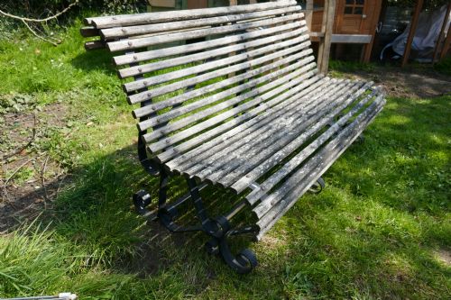 fig 1. Weathered Oak Scroll Steamer Bench, Lichen Covered by ATLAS