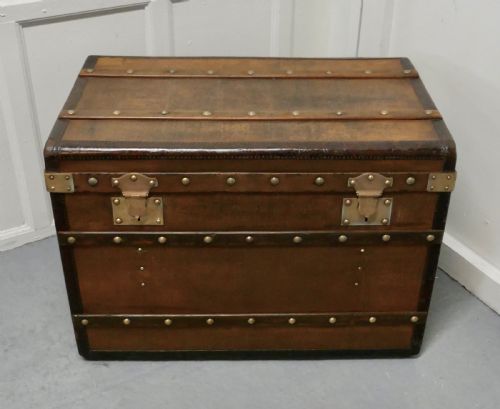 Large Tan Canvas, Wood, Leather and Brass Bound Steamer Trunk,