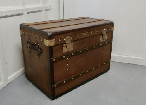 fig 1. Large Tan Canvas, Wood, Leather and Brass Bound Steamer Trunk,