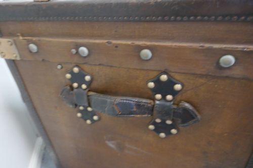 fig 3. Large Tan Canvas, Wood, Leather and Brass Bound Steamer Trunk,