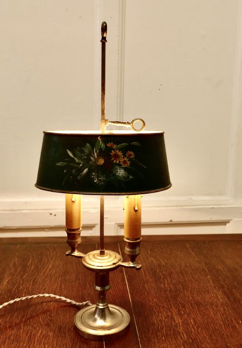 French Painted Toleware and Brass Twin Table Lamp