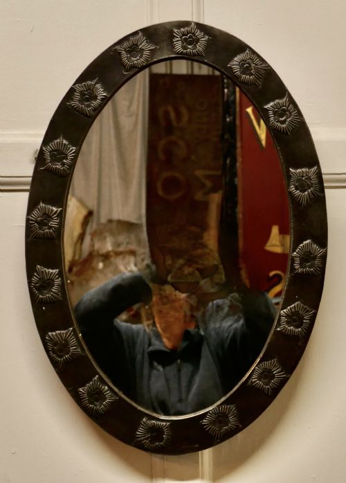 Rare Art Nouveau Oval Pewter Wall Mirror by Daum