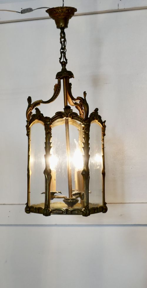 Large French Rococo Brass Glass Lantern Hall Light