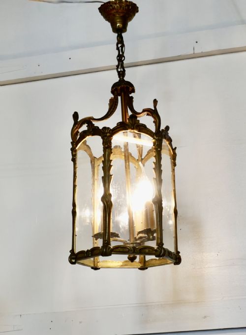 fig 1. Large French Rococo Brass Glass Lantern Hall Light