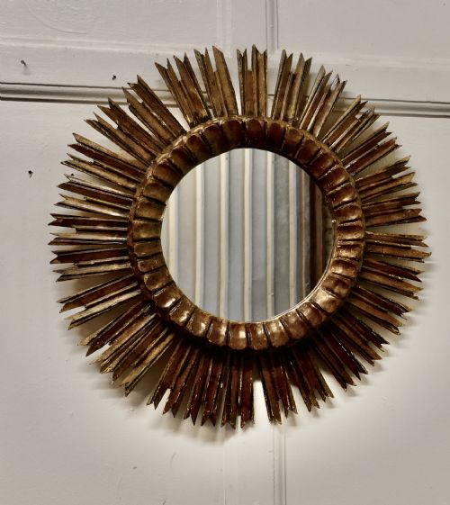French Carved Wood Art Deco Odeon Style Sunburst Mirror