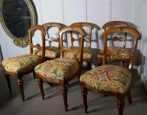 fig 1. Set of 6 Arts and Crafts Gothic Golden Oak Dining Chairs
