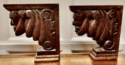 fig 1. A Pair of Carved Oak Wall Brackets Caryatid Guardians