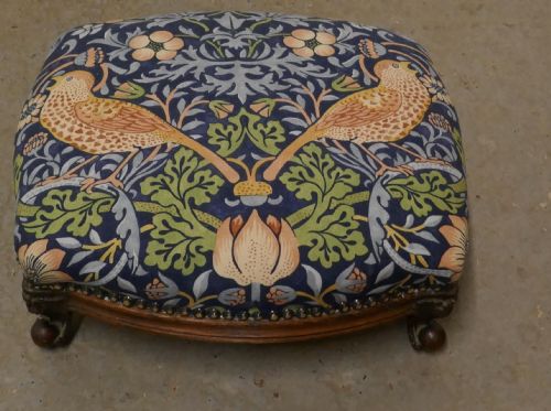 fig 1. Victorian Mahogany Foot Stool Upholstered in Strawberry Thief by William Morris