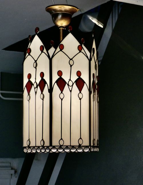 fig 1. Large Arts and Crafts Stained Glass Hall Lantern Ceiling Light