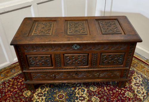 fig 1. Beautiful Carved Oak Mule Chest, Marriage Chest