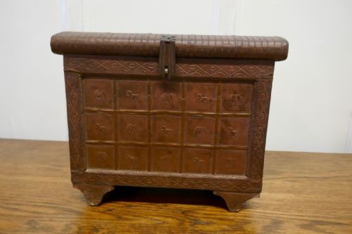 Oriental Brass Treasure Chest or Jewellery Box Decorated with Lions and Elephants