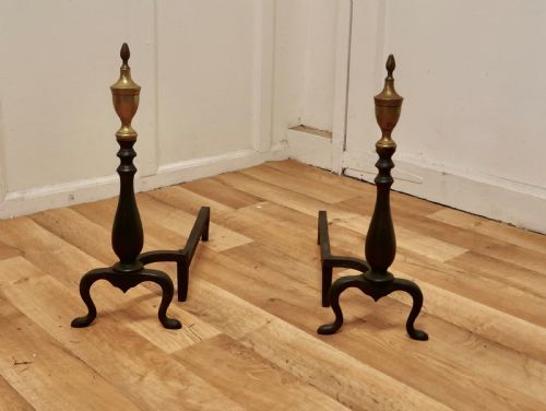 Heavy Pair of Brass & Iron Andirons or Fire Dogs