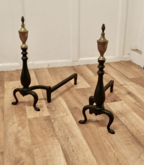 fig 2. Heavy Pair of Brass & Iron Andirons or Fire Dogs